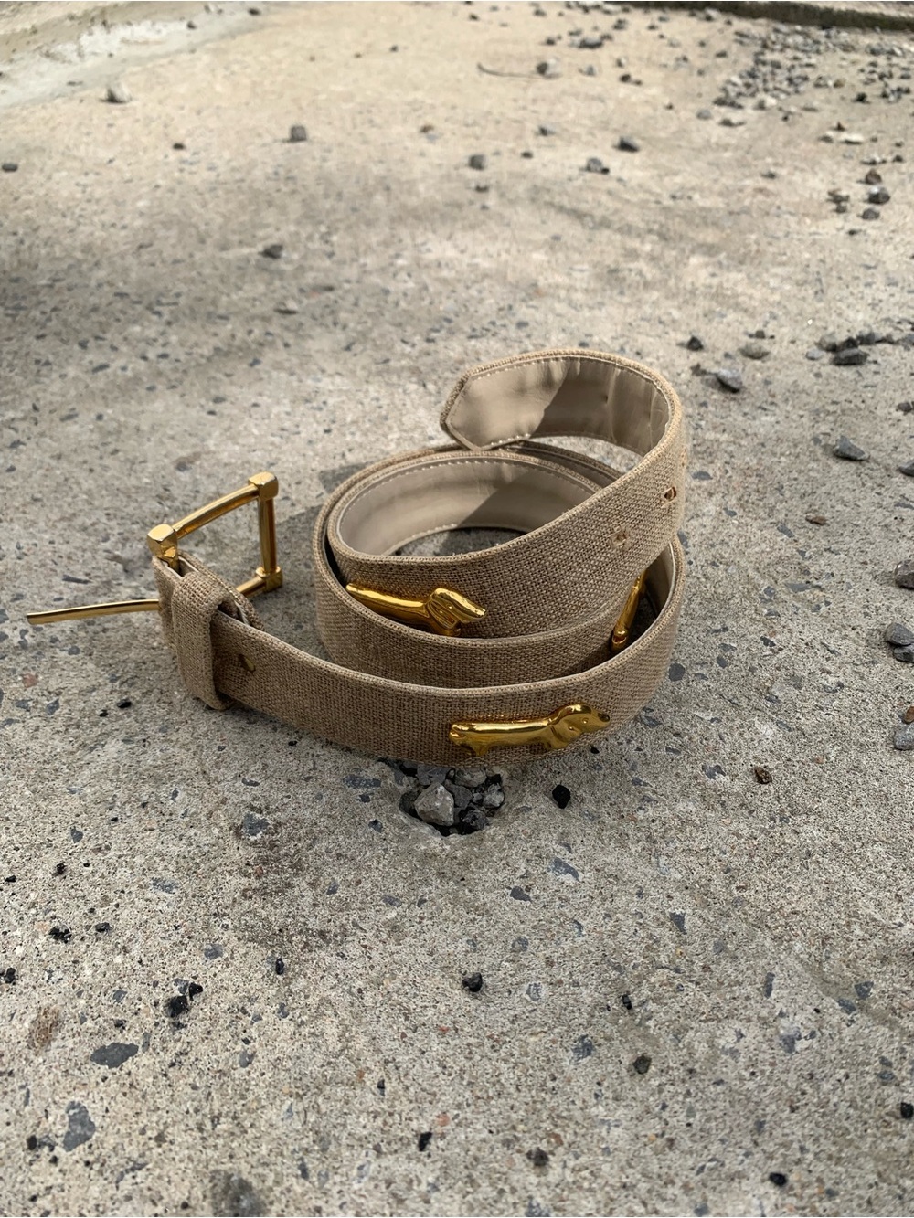 Quirky Gold Dachshund Tan Woven Belt | Wiener Dog Animal Motif Gold Hardware S/M